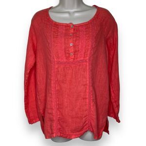 Marisa & Marie Linen Coral Lace Long Sleeve Roll Tab Round Neck Top Women Small